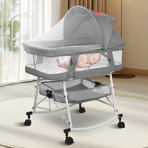 Sinbide Lit Bébé,3 en 1 Lit bébé Pliable avec roulettes,Berceau Bébé avec Matelas et moustiquaire,Lit Cododo Bébé Mode balancelle, Facile à Transporter,Lit de...