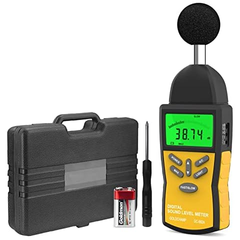 GOLDCHAMP Decibel Meter, Sound Level Meter 882A Portable 30-130dB Sound Tester with 5 Digits LCD Display dBA/DBC Noise Tester, AC/DC Output, Fast/Slow Selection for Sound Quality Control,Yellow Cover