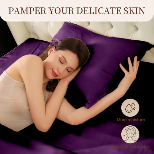 2 Pack Mulberry Silk Pillowcase for Hair and Skin Standard Size,Silk Pillowcase 20"X 26" with Hidden Soft Breathable Smooth Cooling Pillow Covers for Sleeping,Gifts for Women Men（Purple） - image 3