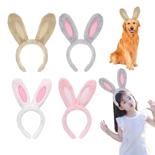 JMOCD 4 Pièces Oreilles de Lapin Bandeau,Bandeau Oreilles de Lapin en Peluche, Lapin Oreille Serre-Tête, Pâques Lapin Deguisement Costume Accessoire pour Enfants et Adultes, Décoration de Costume