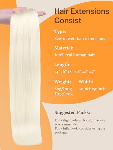 Image of DOORES Sew in Hair Extensions Real Human Hair, Pearl Blonde 20 Inch 100g Hiand Tied Sew in Weft Natural Straight for Women