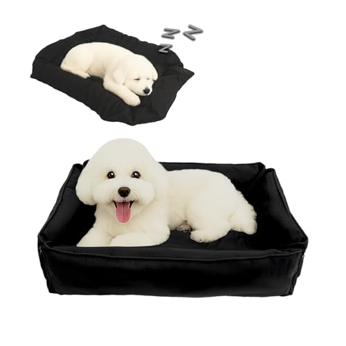 Waterproof Oxford Dog Bed, Foldable Crate Mat for Small Medium Dogs, Orthopedic Pet Cushion with PP Cotton, Chew Resistant, Anti-Slip Base, Indoor Outdoor Washable Portable Bed, Black