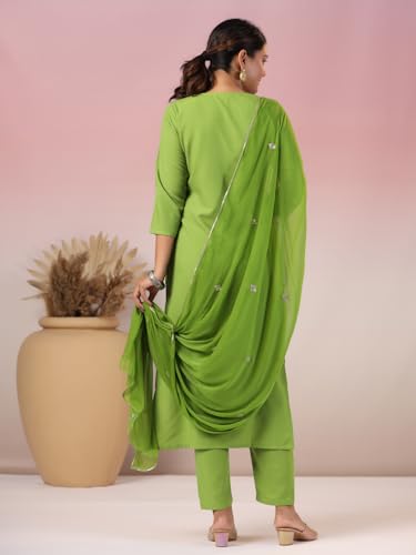 Image of GoSriKi Women's Cotton Blend Embroidered Kurta Set with Pant & Dupatta - Straight Calf‑Length, 3 /4 Sleeve, Round Neck - Elegant Ethnic Attire (5 Colors, S-5XL)