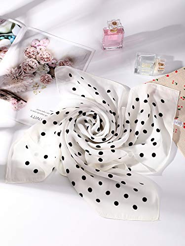 Satinior 1950S Chiffon Scarf Square Handkerchief Neck Scarf Satin Ribbon Polka Dot Scarf Hair Tie For Women Girl (White With Black Spots, 23.6 X 23.6 Inches) #TOP6