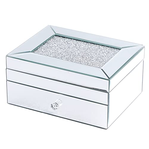 2 Layer Mirror Glass Jewelry Box With Crushed Diamond Decor Large Trinket Organizer With Drawer Treasure Chest Case Rings Earrings Necklace Bracelet Storage Box For Gift Women Girls(White) #TOP16