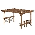 Outsunny 14' x 10' Outdoor Pergola, Wooden Grill Gazebo with Bar Counters and Seating Benches, for Garden, Patio, Backyard, Deck - Brown