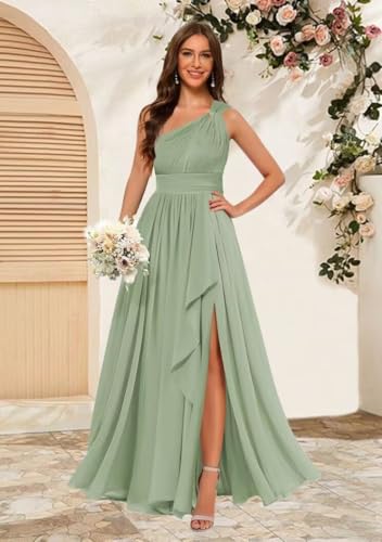 One Shoulder Bridesmaid Dresses for Wedding Long Party Prom Dress with Slit Ruffles Chiffon Formal Gowns4