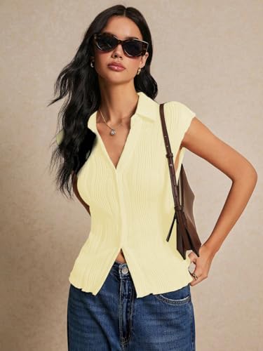 Image of GRECIILOOKS Korean Tees for Women | Tops for Woman | Collared Casual Summer Tops for Women Western | Knitted Top Button-Up Short Sleeve Crop Top |Summer Stylish Texture Korean Knit Tee