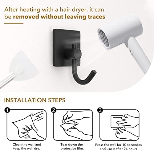 Self Adhesive Hooks,Heavy Duty Stick On Wall and Door Hooks for Hanging,Bathroom Tower Hooks and Kitchen Hallway Sticky Black Hooks,Coat Hooks Robe Hook Wall Mounted,Stainless Rustproof,4 Pack