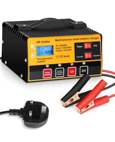Outerman Car Battery Charger,12AMP-12V/24V-8.5AMP Smart Automatic Battery Charger,High/Low Power Trickle Charger Battery Maintainer,for Car Motorcycle Lawn Mower Marine