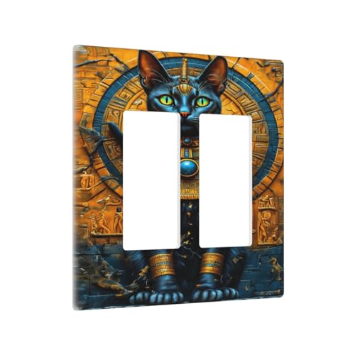 Decorative Outlet Covers Egyptian Black Cat Vintage Gold Decorated 2 Gang Wall Plate Double Rocker Two Switch Wall Cover Plate Light Switch Cover Plate Faceplate for Home Decor
