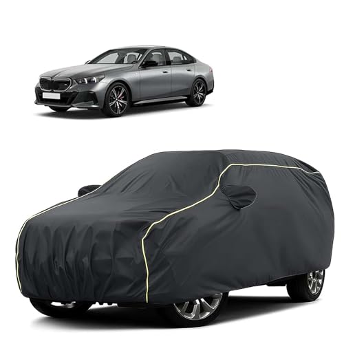 Image of Sulfar 100% Water Resistant Car Body Cover Compatible with Mirror for BMW i5(Electric) (Triple Stitched, Full Bottom Elastic, Dark Grey Tafetta with Yellow Piping)