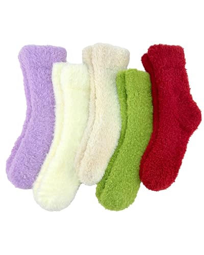 Buttery Soft Fuzzy Socks for Women Cozy Warm Thick Winter Fluffy Plush Home Sleeping Slipper Socks 5 Pairs, Gifts for Girls Basket Stuffers
