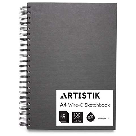 A4 Sketchbook - 100 Pages (50 Sheets) Wire-O Portrait Drawing Pad for Heavy Mixed Media with Perforated 180gsm Acid Free Cartridge Paper and Cloth Cover Sketch Book Cover