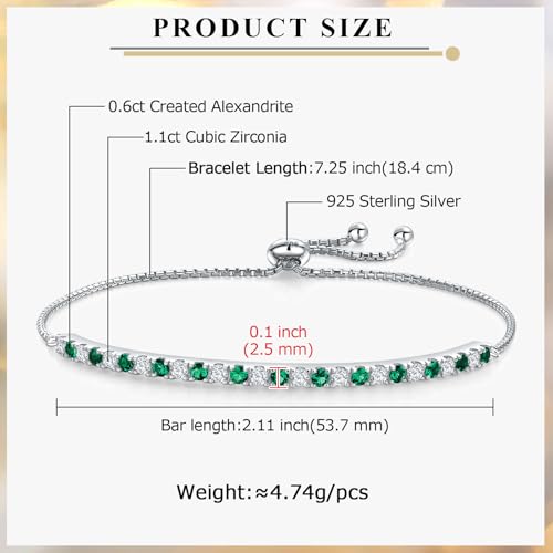 Bolo Bracelets, Birthstone or Moissanite Tennis Bracelets for Women 14K White Gold Plated Sterling Silver 2mm Multicolor Adjustable Tennis Bracelets for Women, Size 7.25"3