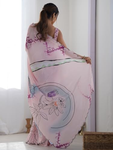 Image of Panzora Women's Chinon Printed Saree With Unstitched Blouse Piece