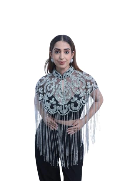 Cholis Women’s Luxury Silver Embroidered Fringe Cape | Beaded Ethnic Poncho Shrug for Weddings, and Cocktails | Sheer Shimmer Capelet with Long Bead-image-8