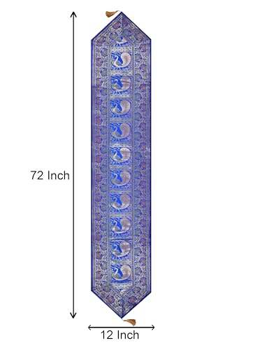 Image of Banarasi Brocade Zari Silk Table Runner Dinning & Centre Table Runner 177 By 30 CM (Blue, Peacock)
