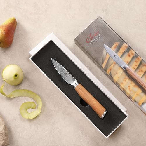 Foto von Wakoli Olive Damast Officemesser | 8,5 cm Klinge aus 67 Lagen Damaststahl mit VG10-Kern | ergonomischer Olivenholzgriff | für Obst, Gemüse & Kräuter | in Geschenkbox für Profi- & Hobbyköche