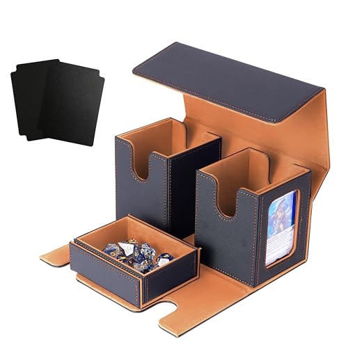 デッキケース トレカケース カードディスプレイウィンドウ 200枚 3in1 二重 三重スリーブ対応 ディバイダー4つとトップローダー2つ付き 革 (黒内装オレンジ)