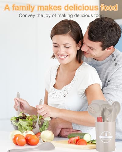 Küchenhelfer Set(Erdgelb),15 Stück Kochutensilien Kochgeschirr,Kochlöffel Set Silikon,Hitzebeständiger Antihaft Kochset mit Utensilienhalter,Spülmaschinenfest