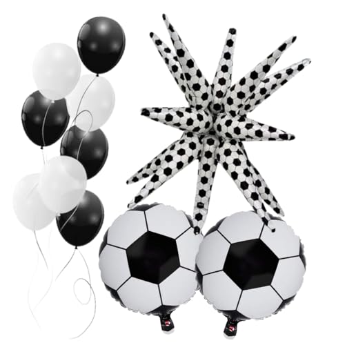 Image of Atpata Funky Football Theme Starburst Explosion Balloon Set - 2pcs 18in Round Football Foil Balloons & 8pcs Black & White Latex Balloons - for Football theme Birthday Party Decorations & Celebrations