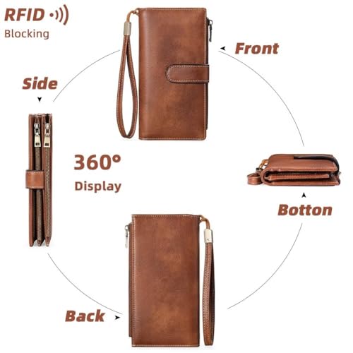 Women's Wallet and Card Holder RFID Blocking Tri-Fold Wristlet Wallet Vegan Leather Multi Card Case with ID Windows, Brown, One Size2
