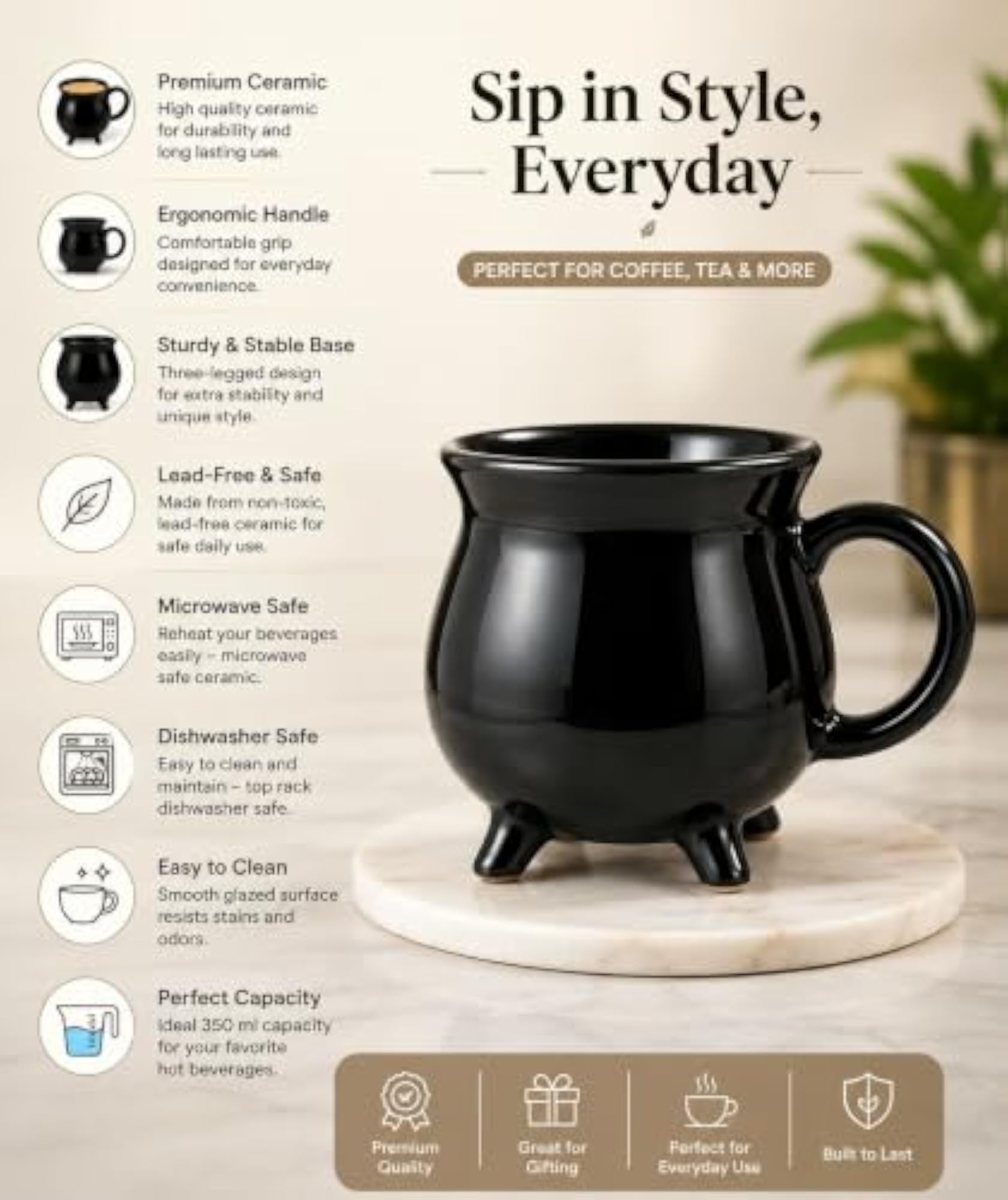Premium Black Ceramic Cauldron Mug, 350ml