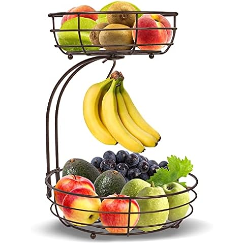 CLTYQ 2-Tier Fruit Vegetables Basket Countertop Kitchen Rack Bowl Storage with Banana Hanger Cover