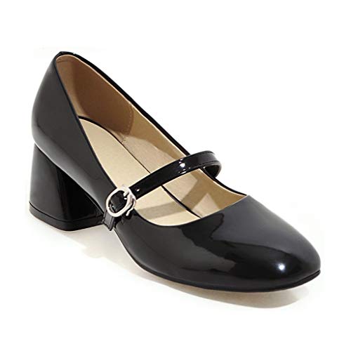 MIOKE Women's Square Toe Mary Jane Pump Oxford Patent Leather Buckle Strap Chunky Mid Heel Retro Dress Shoes