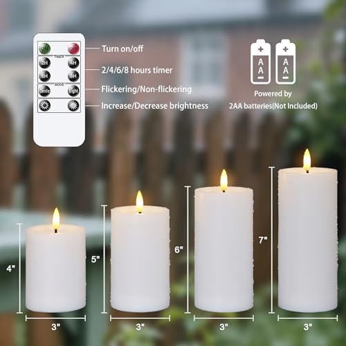 Yeelida Außen-Packung mit 4 flammenlosen wasserdichten LED-Kerzen mit Fernbedienung, Zyklus- Timerfunktion Batteriebetriebener Wachs-Öl Flackernde Kunststoff (Weiß, 7,5cm x10 12,5 15 17,5cm)
