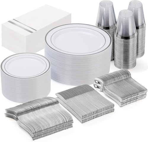 GATHER 350PCS Silver Plastic Plates - White and Silver Disposable Plates for 50 Guests Includes 100 Plate, 50 Napkins, 150 Silvery Cutlery and 50 Cups for Party & Wedding
