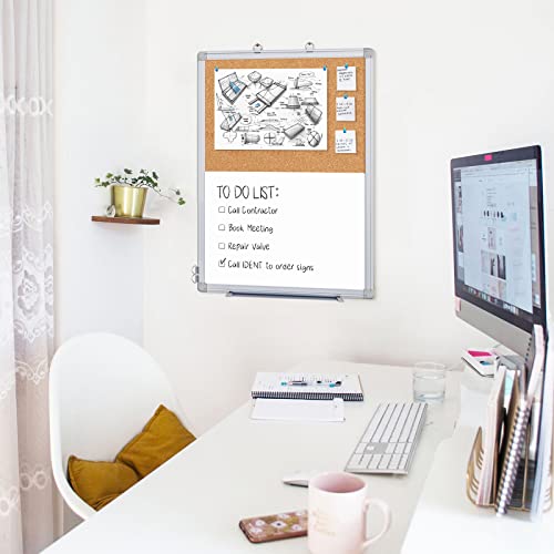 Magnetic Cork Board White Board Combo, Vision Board 2023, 24" X 18" Half Corkboard Whiteboard Combo, Bulletin Pin Board For Office Wall W/Markers, Eraser, Magnets, Pins #TOP2