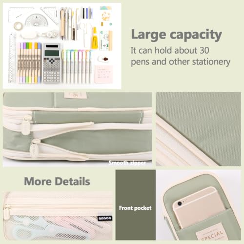 Image of MAMUNU Expandable Pencil case with compartments, Large Capacity Pencil Bag Pouch Kids Adults, Portable, Large School Stationery Organizer, Makeup Cosmetic Bag, Green