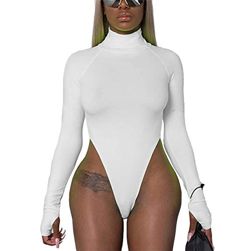 Susupeng Women Turtleneck Sexy Long Sleeve with Thumb Holes High Cut Bodysuit Candy Color Bodycon Jumpsuit Leotard Top (Medium, White)