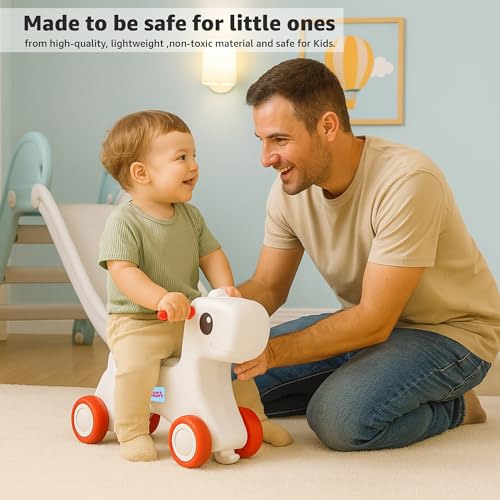 Image of Amazon Brand - Jam & Honey Baby Pony Push On Ride On for Kids | Backrest | Easy Grip | Four Wheel | Durable and Safe | Non-Toxic | Portable | Lightweight | Animal Theme | 1-4 Years Old | Red & Grey