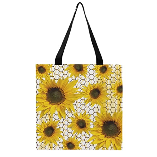 Aesthetic - Bolsa de tela con diseño de panal de girasol, bolsa de yute impresa, bolsa de la compra sostenible, asa larga, bolsa de algodón, blanco, talla única