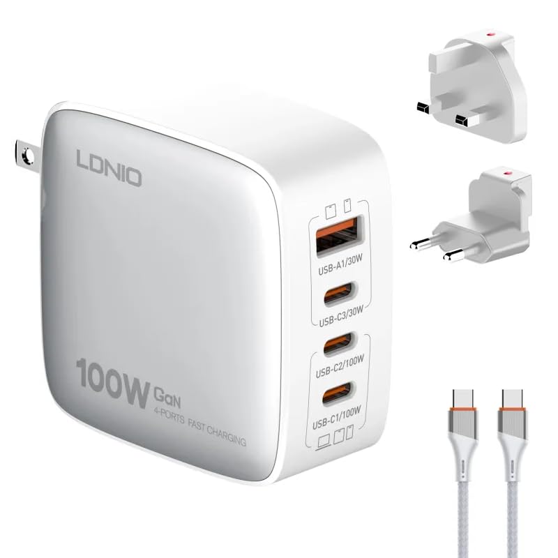 T Teclusive 100W Gan Super Fast Charging 4 Ports USB Type C Charger Compatible for iPhone 15 14 13 Pro Max/Laptop MacBook | World International Sockets Travel Adapter with Multi Port USB C (Black) (B0CXTMBZV6) Amazon Price History, Amazon Price Tracker