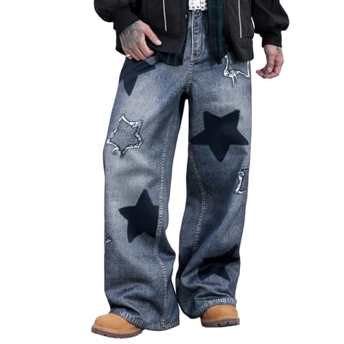 Men's Jeans Pants Urban Cool Stars Loose Fit Casual Jeans Denim Trousers Bottom Pant Streetwear for Daily Party