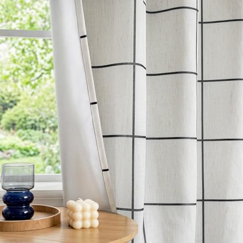 Image of MYSKY HOME Floor to Ceiling 100% Blackout Plaid Linen Curtains 102 Inch Long 2 Panels Set Farmhouse Double Layer Checkered Patterned Thermal Insulated Grommet Top Drapes, 52 inch W Each Panel, Black