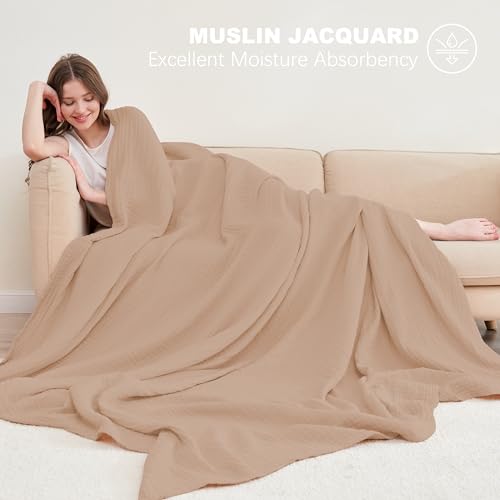 Image of Cosy Family 4 Layer Muslin Bed Blanket - Breathable and Lightweight Gauze Boho Blanket for Spring, Soft 100% Cotton Muslin Blanket, Brown, 55x80 Inches