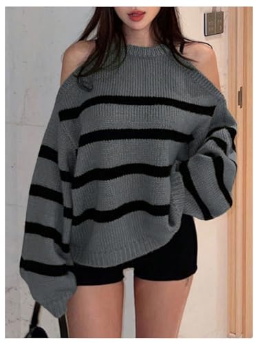 Image of GORGLITTER Women's Striped Cold Shoulder Sweater Color Block Long Sleeve Oversized Chukny Fall Sweaters Dark Grey Small