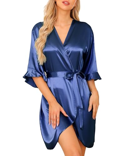 Wikoan Bata Mujer Verano Corto y Sexy, Kimono Bata para Saten Mujer Vestir de Manga 3/4, Albornoces para Mujer Batas Novia Boda de Seda Azul Oscuro,S