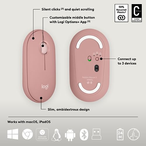 Image of (Refurbished) Logitech Pebble 2 Combo, Wireless Keyboard and Mouse, Quiet and Portable, Customisable, Logi Bolt, Bluetooth, Easy-Switch for Windows, macOS, iPadOS, Chrome - Tonal Rose
