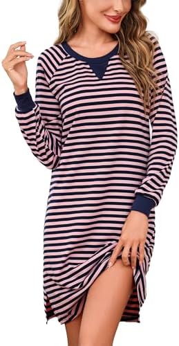 Chemise De Nuit Femme Manches Longues Bresdk Chemise De Nuit Femme Pyjama Chemise De Nuit En Coton Rayé à Chemise De Nuit Femme Coton