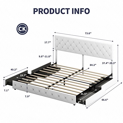 Zafly Upholstered California King Size Bed Frame With Tufted Headboard,Pu Leather Platform Cal King Bed Frame With 4 Storage Drawers,Wooden Slats Support,No Box Spring Needed,Easy Assembly (White) #TOP1