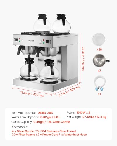 VEVOR Commercial Drip Coffee Maker, 24 Cups Coffee-Maker Machine with 4 Glass Carafes and 4 Decanter Warmer Plates, Stainless Steel Dual-Head Coffee Brewer, for Restaurant, Office, Coffee Shop & Home