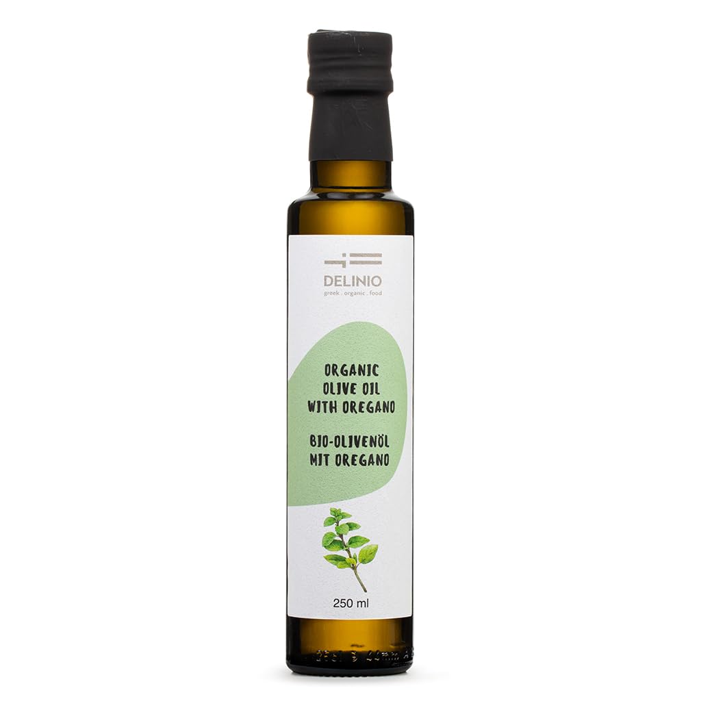 DELINIO Bio-Olivenöl Set 4 Sorten – Aromatisiertes Olivenöl Nativ Extra (Zitrone, Orange, Basilikum, Oregano) – 4x250 ml aus Griechenland, kalt extrahiert – zum Verfeinern & als Geschenk