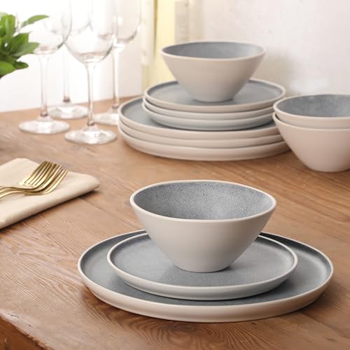 Image of Gibson Elite Coastal Forest Plates and Bowls Sets, 12-Piece Stoneware Dinnerware Sets, Triple Reactive Glaze Dish Set - Grey and Cream White