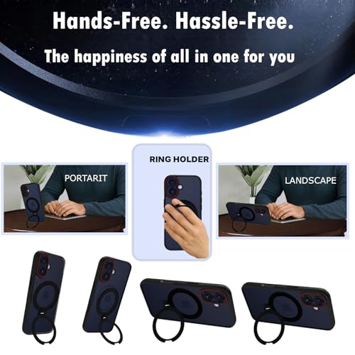 Image of RIGGEAR Shockproof Tough Hybrid Armor 360 Rotating Magnetic Ring Stand Back Cover Case Compatible with MagSafe Accessories for iPhone 16 (Smoke Black Matte PC and Black TPU Bumper)